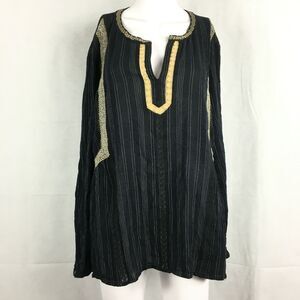 J. Jill Shirt Women Sz XL Black White Striped Gold Embroidered Long Sleeve Tunic